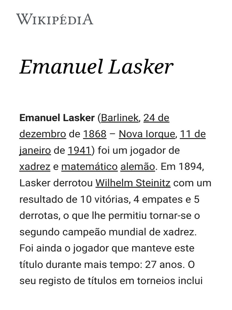 Emanuel Lasker - Wikipédia, A Enciclopédia Livre, PDF, Campeonato Mundial  de Xadrez